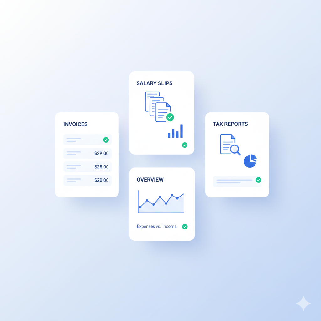 Accounts ERP automation dashboard showing invoices, salary slips and GST reports