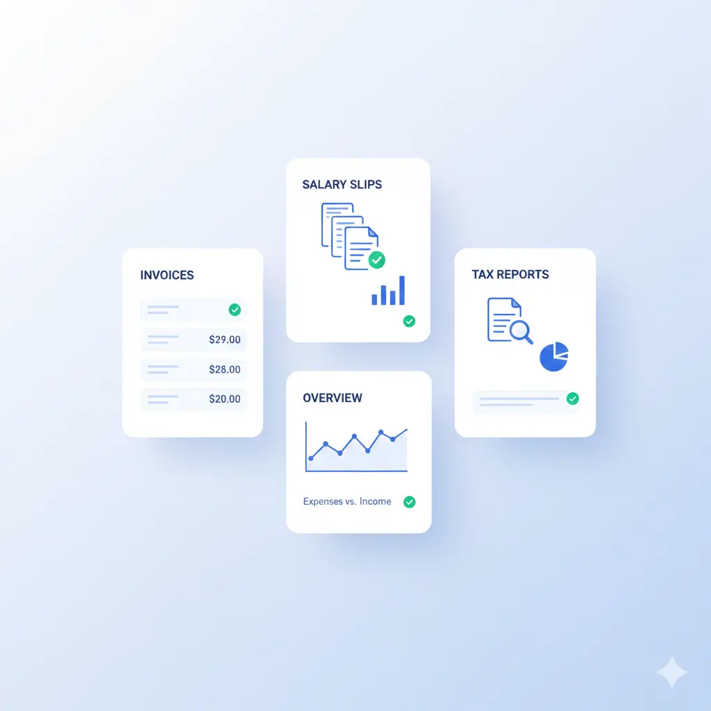 Accounts ERP automation dashboard showing invoices, salary slips and GST reports