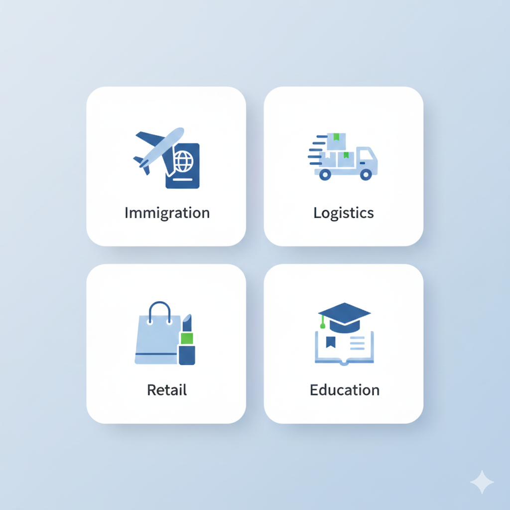 Industry software solutions dashboard for immigration, logistics, retail and education