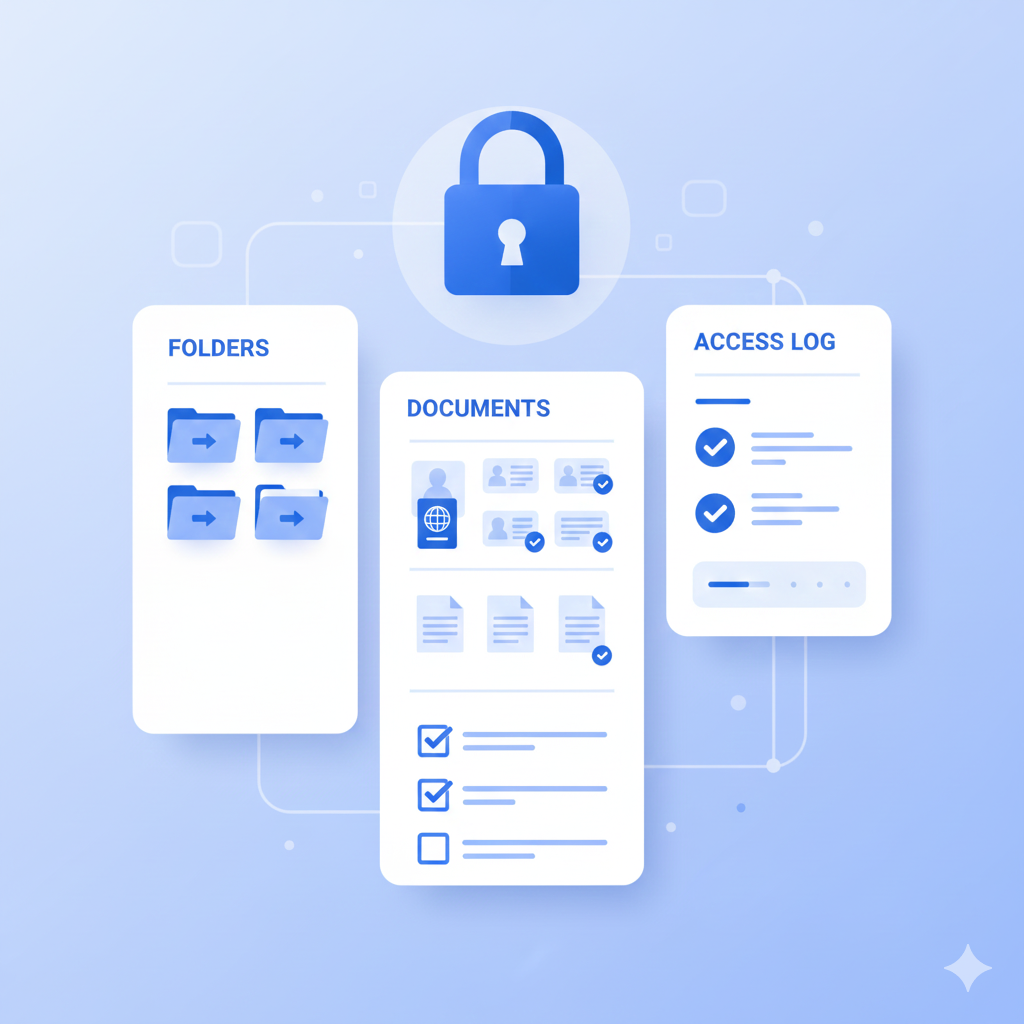 Visa & document management system dashboard showing client cases, checklists and documents